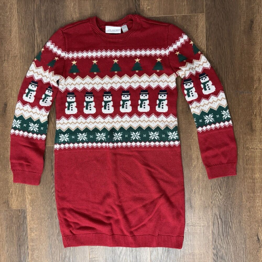 Children’s Place Long Sleeve Christmas Sweater Dress Size L 10-12 Snowmen Red